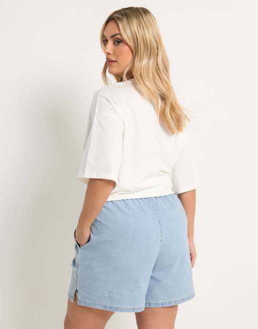Yours Clothing Tie waist denim shorts in blue, 4 of 4