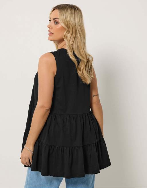 Yours Clothing Tiered vest top in black, 3 of 4