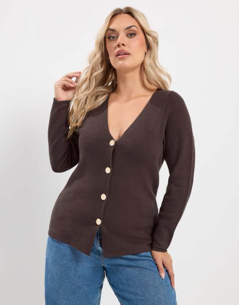 Yours Clothing V -neck knitted cardigan in brown - view 1