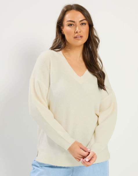 Yours Clothing V-neck soft touch jumper in ivory - view 1