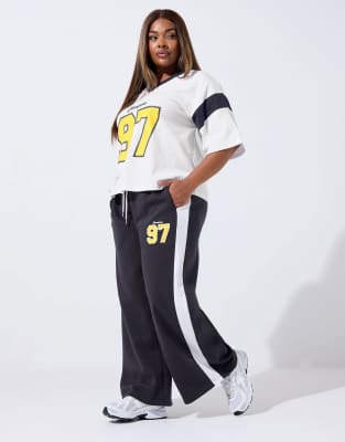 Yours Clothing Varsity wide leg joggers in blue-Navy