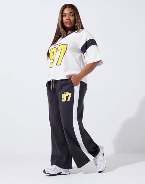 Yours Clothing Varsity wide leg joggers in blue - view 1