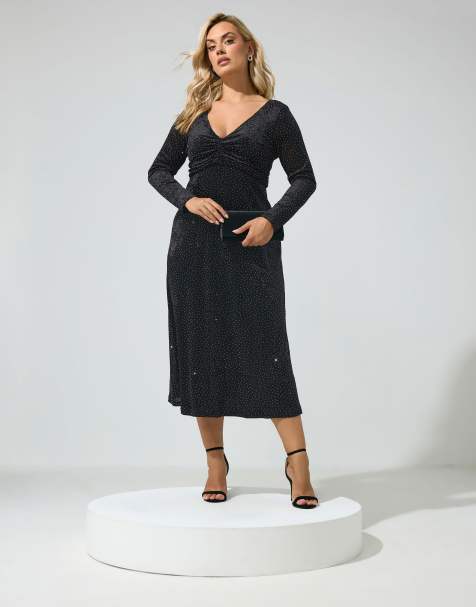 Yours Clothing Velvet studded v-neck midi dress in black