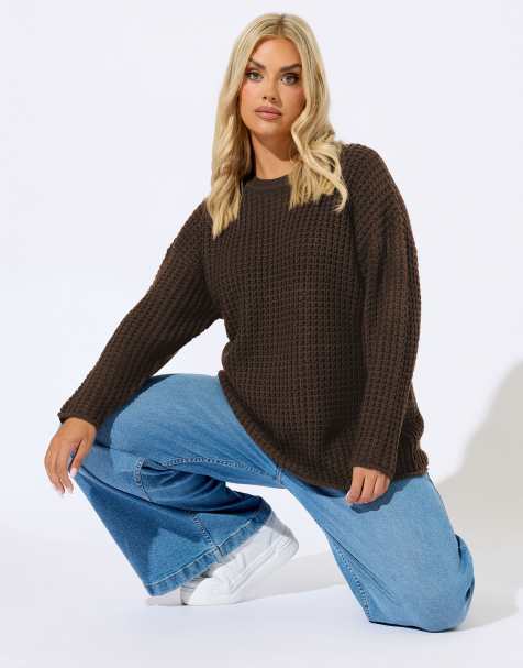 Yours Clothing Waffle knit jumper in brown