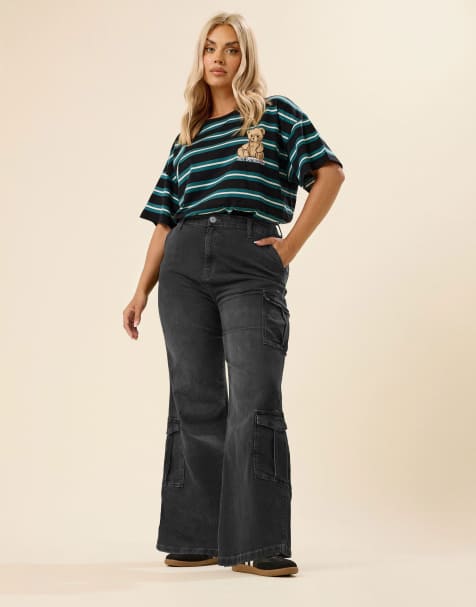 Yours Clothing Washed effect cargo jeans in black