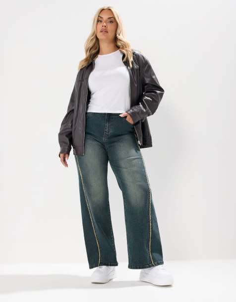 Yours Clothing Washed fray seam wide leg jeans in blue - view 1