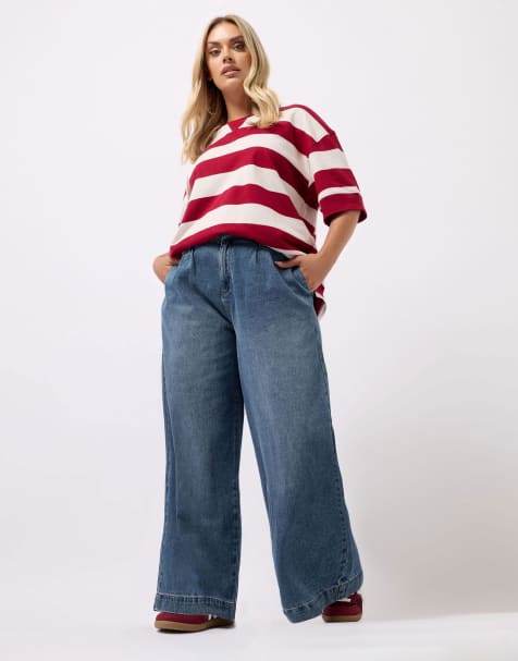Yours Clothing Washed Wide Leg Jeans in Blue - view 1