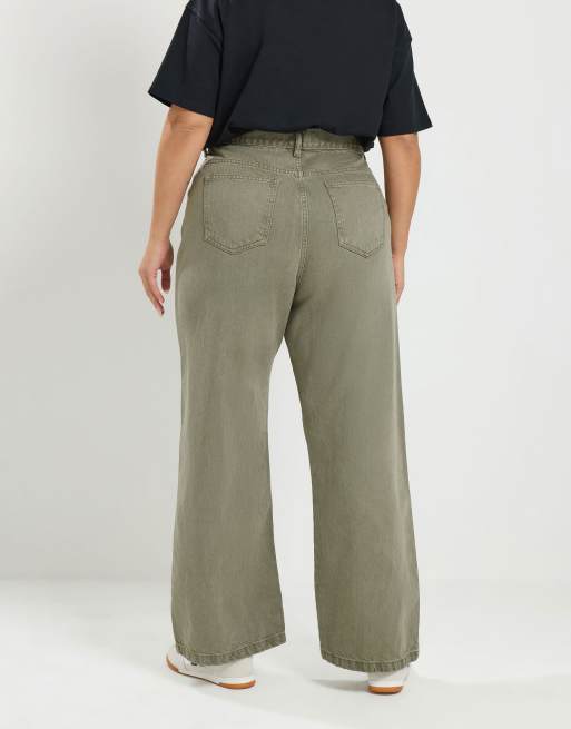 Yours Clothing Washed wide leg jeans in green, 3 of 4