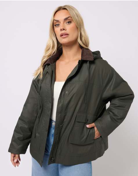 Yours Clothing Waxed parka coat in green - view 1