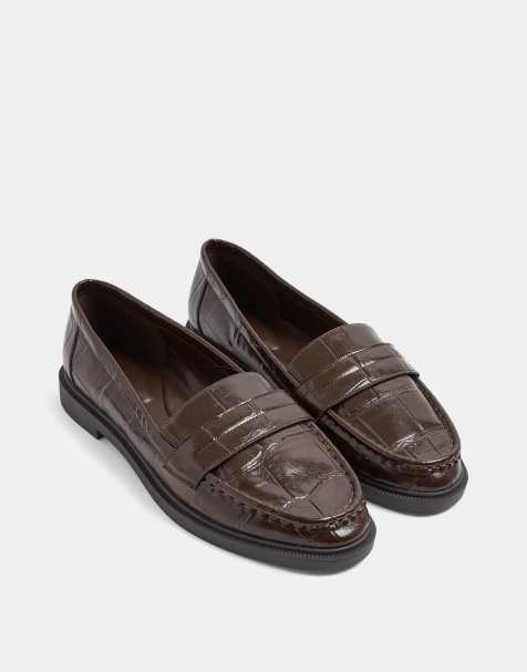 Yours Clothing Wide fit croc embossed loafers in brown - view 1