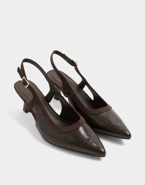 Yours Clothing Wide fit croc embossed sling back heels in brown - view 1
