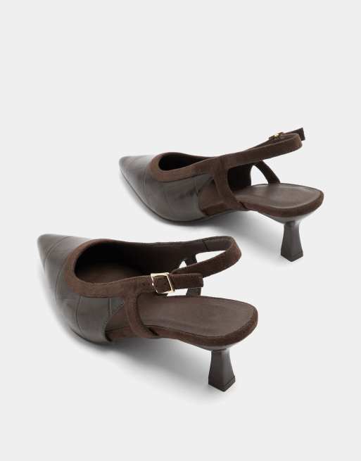 Yours Clothing Wide fit croc embossed sling back heels in brown, 4 of 4