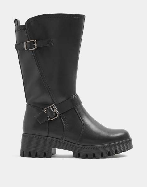 Yours Clothing Wide fit faux leather buckle wedge boots in black - view 1