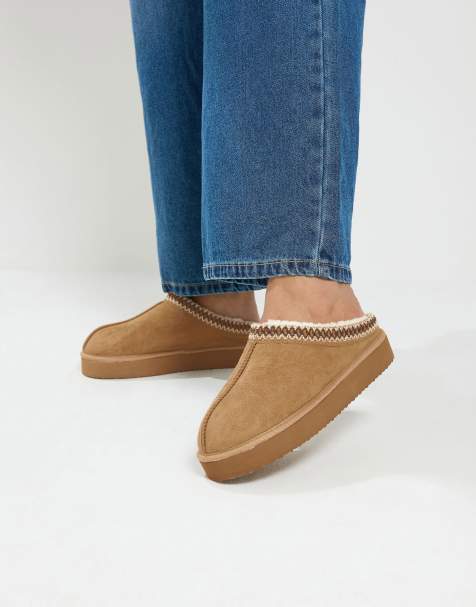 Yours Clothing Wide fit faux suede embroidered mules in brown - view 1