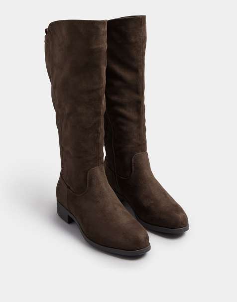 Yours Clothing Wide fit faux suede stretch knee high boots in brown - view 1
