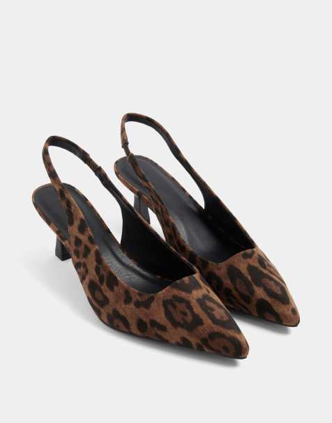 Yours Clothing Wide fit leopard faux suede sling back heels in brown - view 1