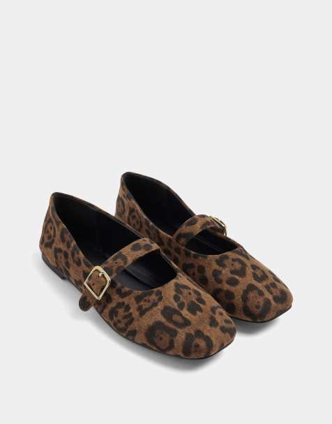 Yours Clothing Wide fit leopard mary jane flats in brown - view 1