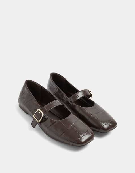 Yours Clothing Wide fit patent mary jane flats in brown - view 1