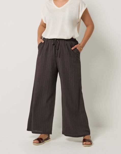 Yours Clothing Wide leg textured trousers in brown - view 1
