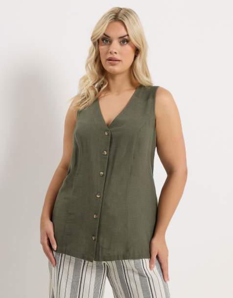 Yours Clothing Woven linen blend waistcoat in green - view 1