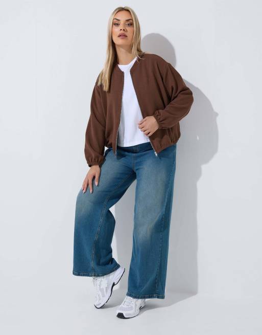 Yours Clothing Zip bomber jacket in brown, 2 of 4