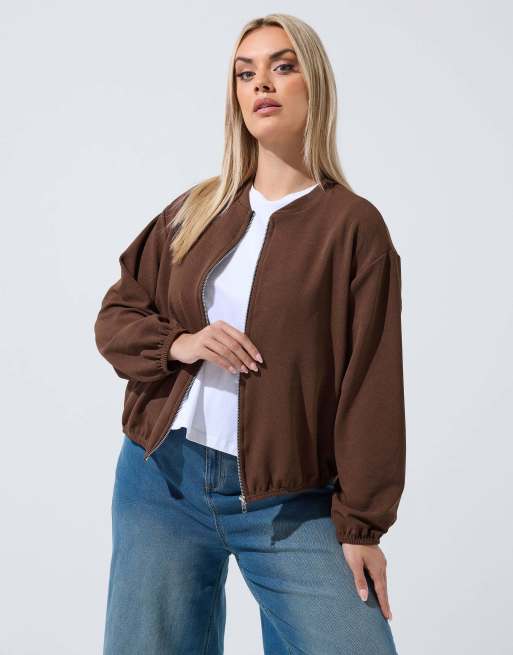 Yours Clothing Zip bomber jacket in brown, 4 of 4