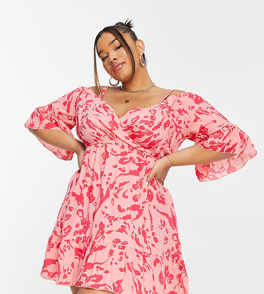 Plus-size dress by Yours The scroll is over Animal print Wrap front Cold-shoulder style Fluted sleeves Regular fit