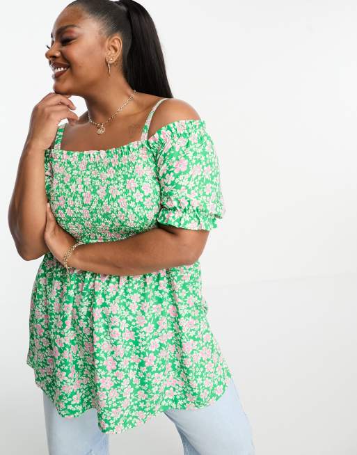 Yours cold shoulder frill detail top in green floral