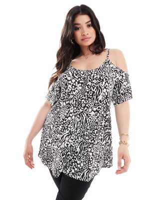 cold shoulder top in animal print-Multi