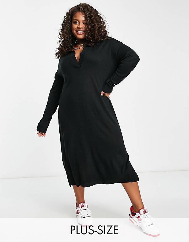 Yours - collared knitted midi dress in black