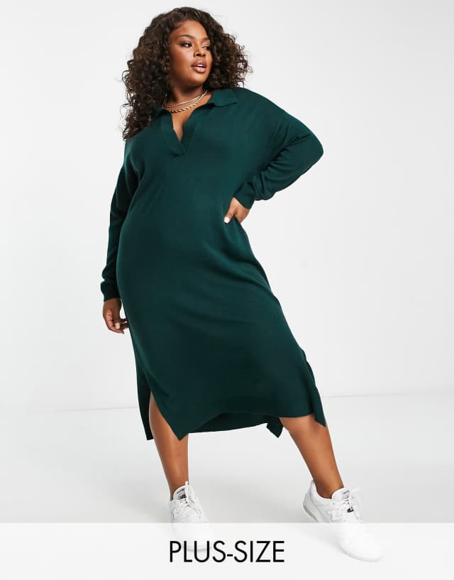 Yours collared knitted midi dress in dark green