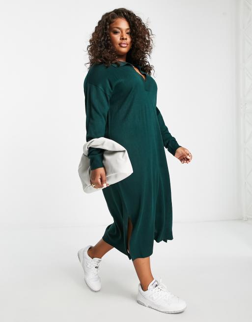 Yours collared knitted midi dress in dark green | ASOS