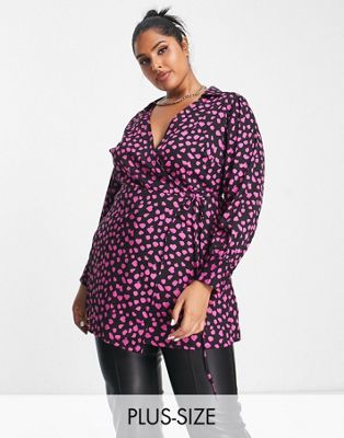 Yours Collared Wrap Top In Black Polka Dot