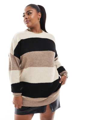 Yours Yours colour block jumper in neutral and chocolate-Multi