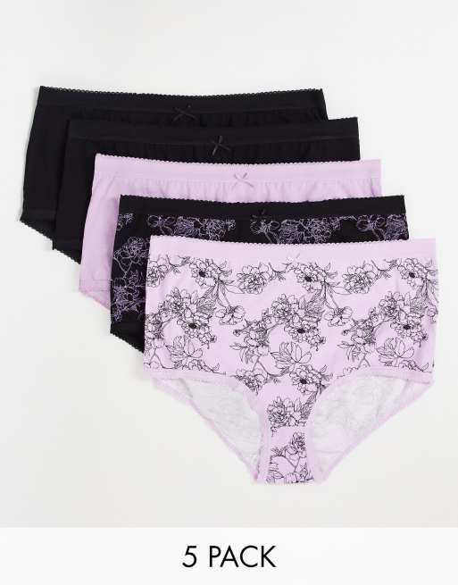 Yours - Confezione da 5 slip neri e lilla a fiori