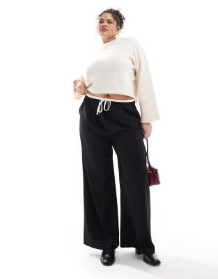 Yours contrast drawstring waist wide leg trousers in black