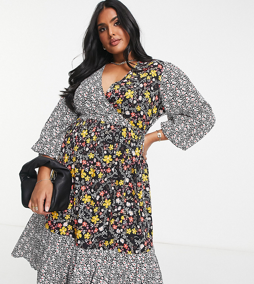 Yours contrast floral wrap midi dress in black