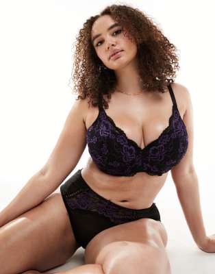 Yours contrast lace padded bra in black and purple