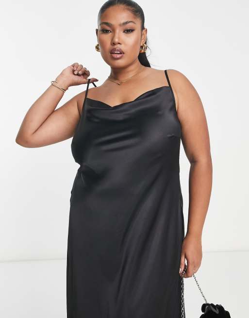 Yours cowl neck satin slip dress in black | ASOS