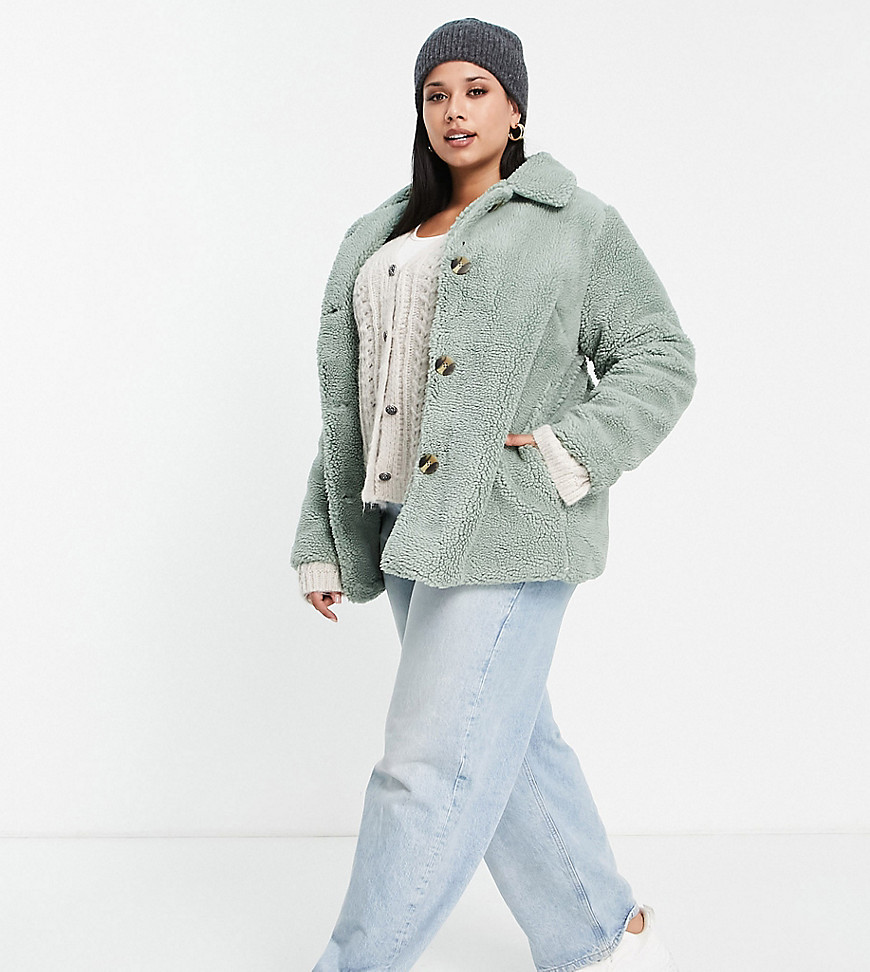 Yours Cropped Teddy Jacket In Sage-Green