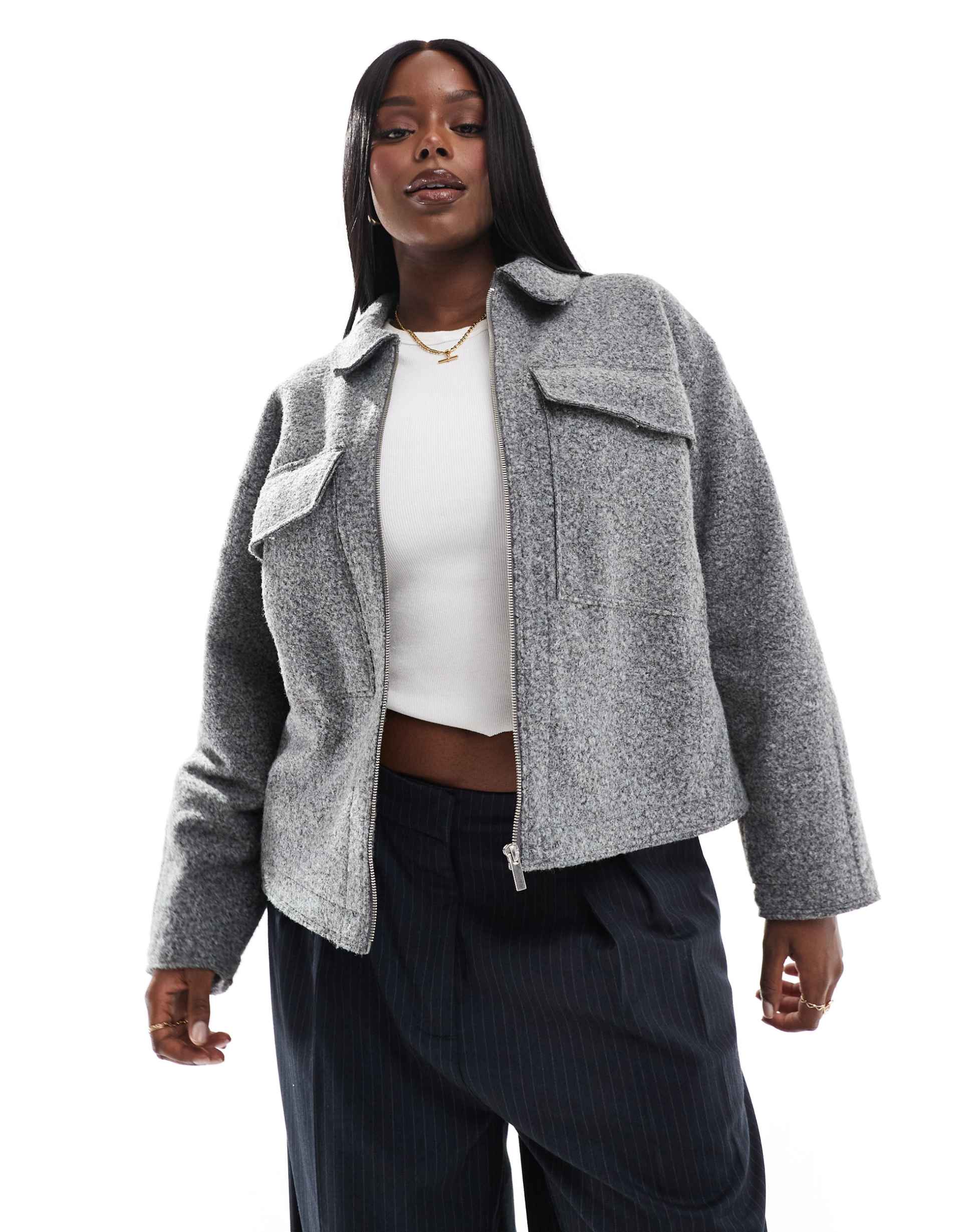 yours cropped wool shacket in gray