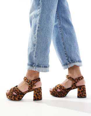 Yours Yours cross over block heels in leopard-Multi