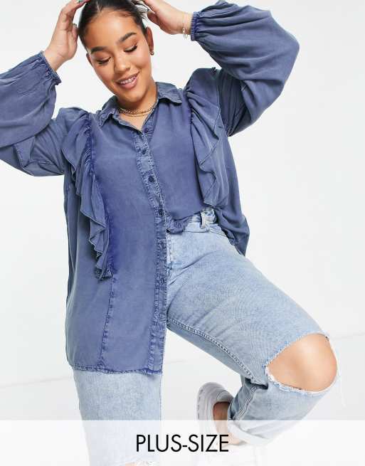Yours - Denim overhemd met ruches in blauw