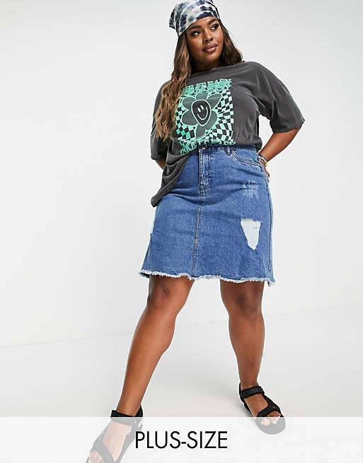 Yours distressed denim mini skirt in mid wash blue