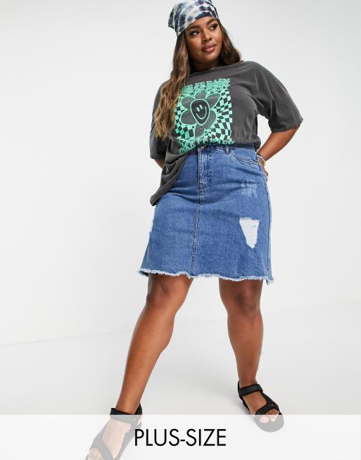 Don't Think Twice Petite DTT Petite Gabby high rise denim skirt in mid blue  - ShopStyle Jeans