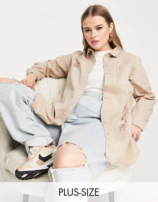 Yours - Distressed denim overhemd in stone