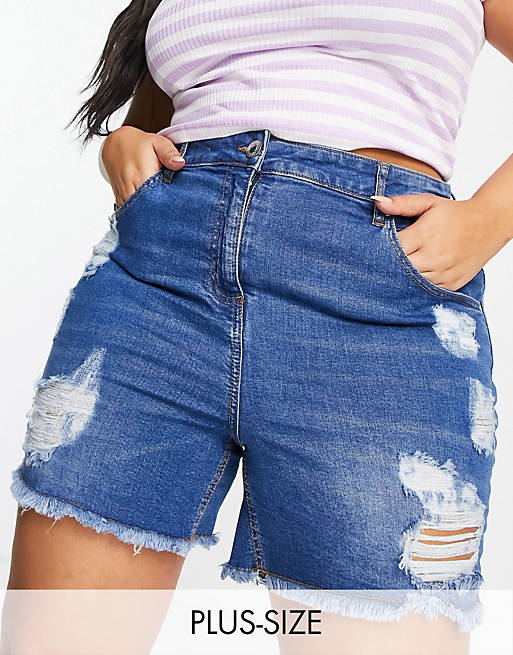 Yours distressed denim shorts in mid blue