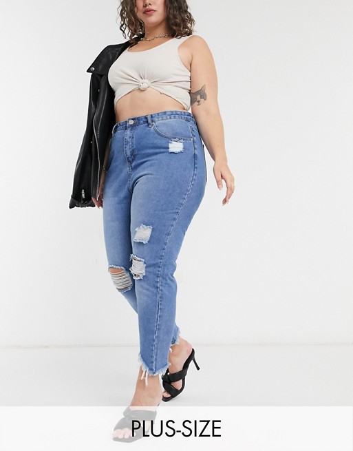 Yours Distressed hem mom jeans in mid blue