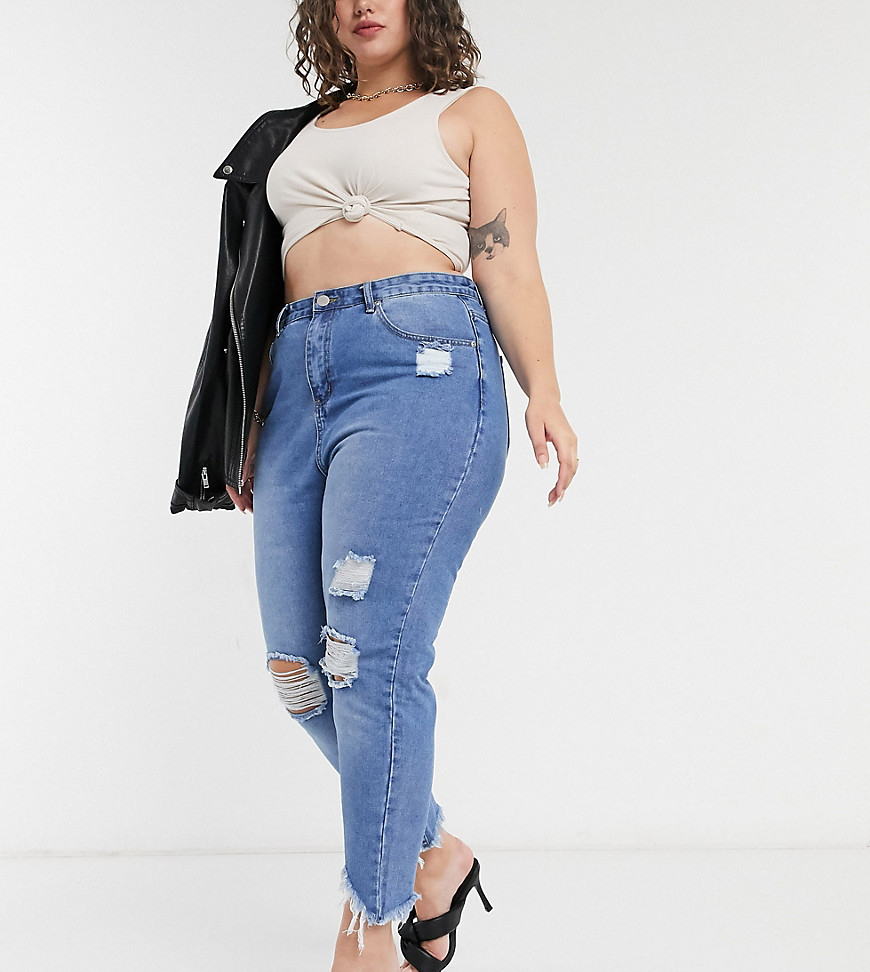 Plus-size mom jeans by Yours It’s all in the jeans Distressed finish Belt loops Five pockets Raw-cut hem Regular tapered fit A standard cut around the thigh with a narrow shape through the leg