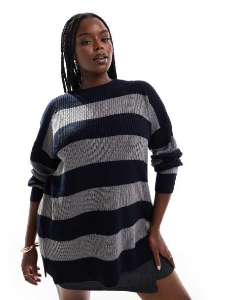 Yours drop shoulder striped jumper in navy and grey - view 1
